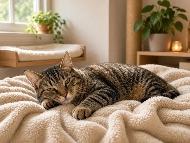 A tabby cat resting on a soft cream blanket in a calm room