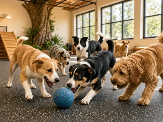 A group of dogs playing with a blue ball in a bright indoor play room