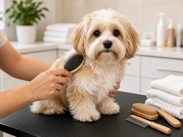 A groomer brushing a fluffy tan dog on a grooming table