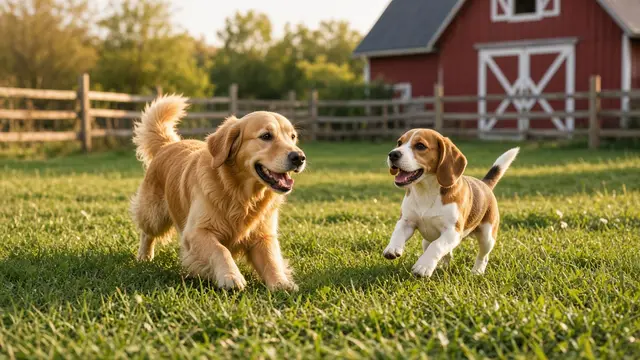 Two dogs running across a fenced grass yard in front of a red barn