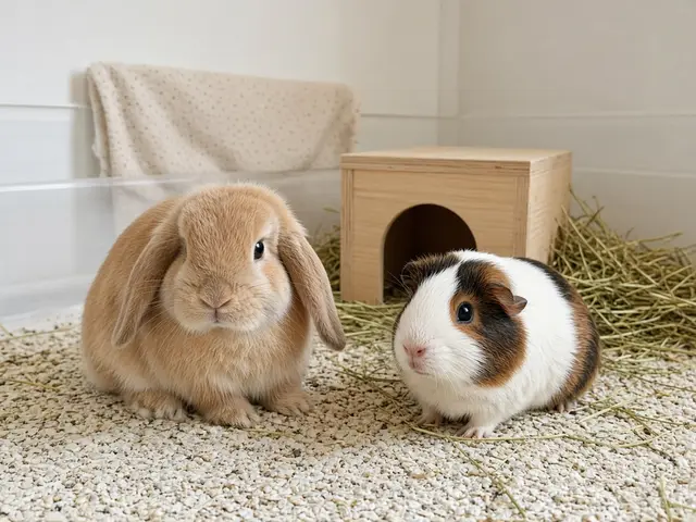 A rabbit and a guinea pig sitting on bedding next to a wooden hide